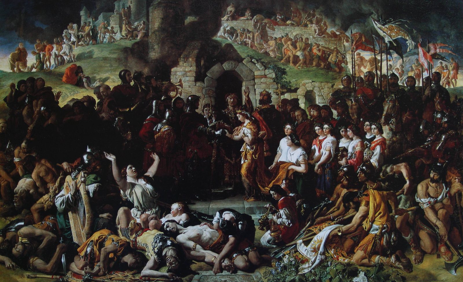 A huge crowded painting of a wedding among the dead and wounded after a battle.
