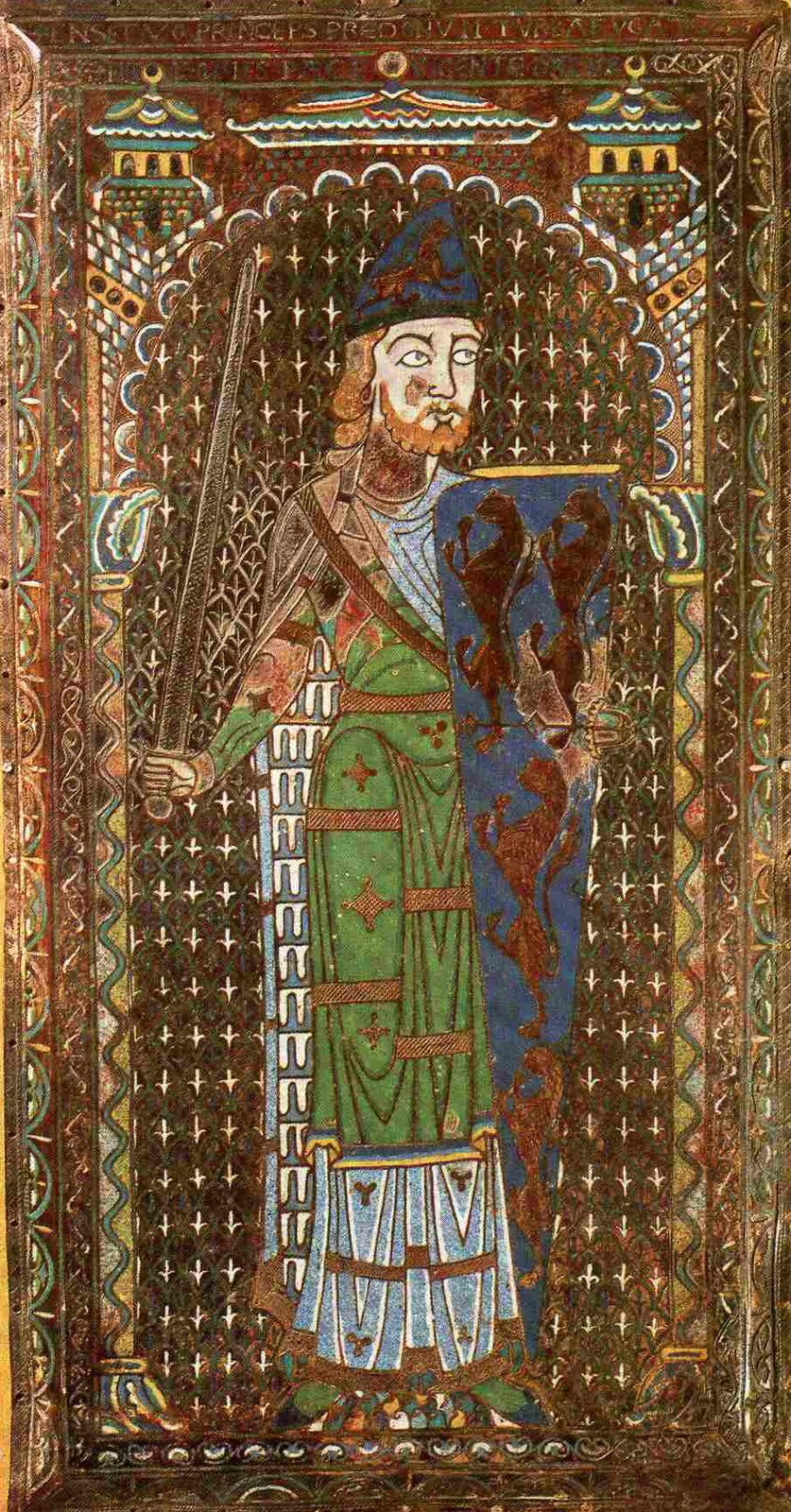 An enamel plaque of a bearded man holding a sword and a blue shield with gold lions, under an arch.