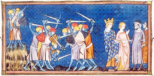 A manuscript painting: armed men fighting on the left, and on the right a crowned king leading a young woman toward a bearded man.