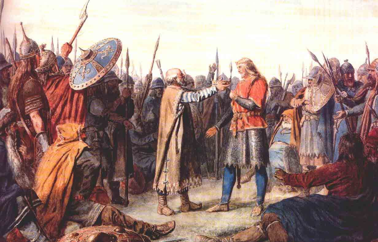 A painting of a crowd of armed men in a field, a fair-haired young man in a red tunic at the centre with his hand raised as the men around him salute.
