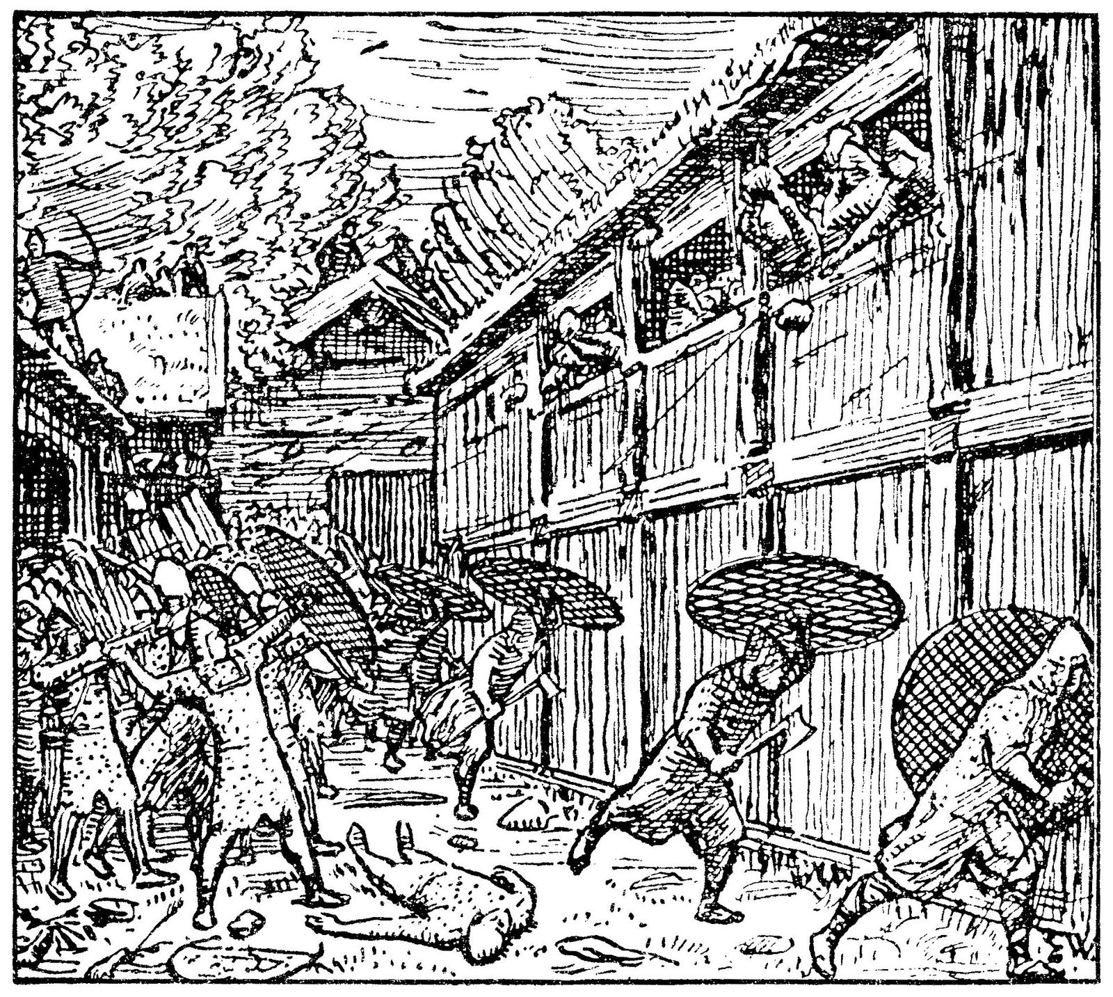 A pen drawing of armed men with wicker shields pouring into a farmyard between timber buildings.