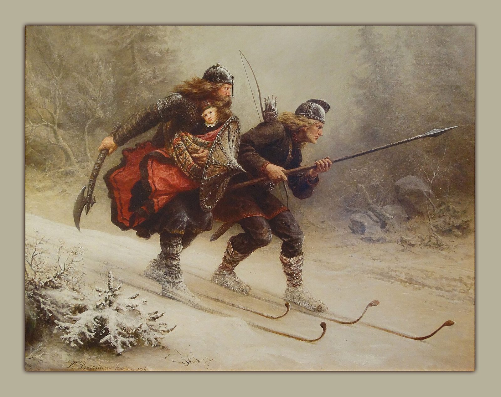 A painting of two bearded warriors on skis racing downhill through snowy woods, one carrying a small child wrapped in furs.