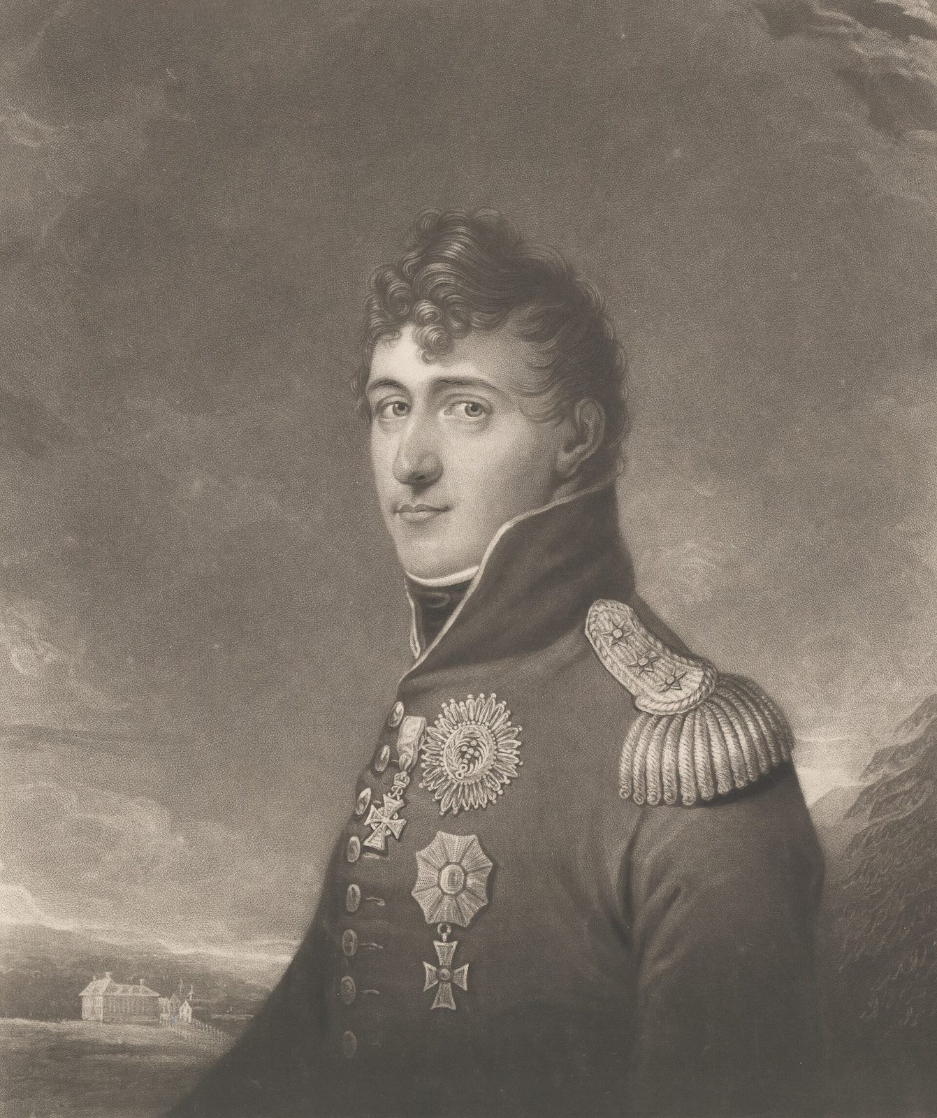 An engraved portrait of a young man with curly hair in a high-collared uniform coat with epaulettes and stars.