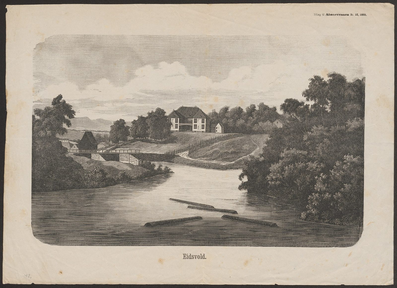 An engraving of a white manor house on a rise above a river, logs floating in the water.