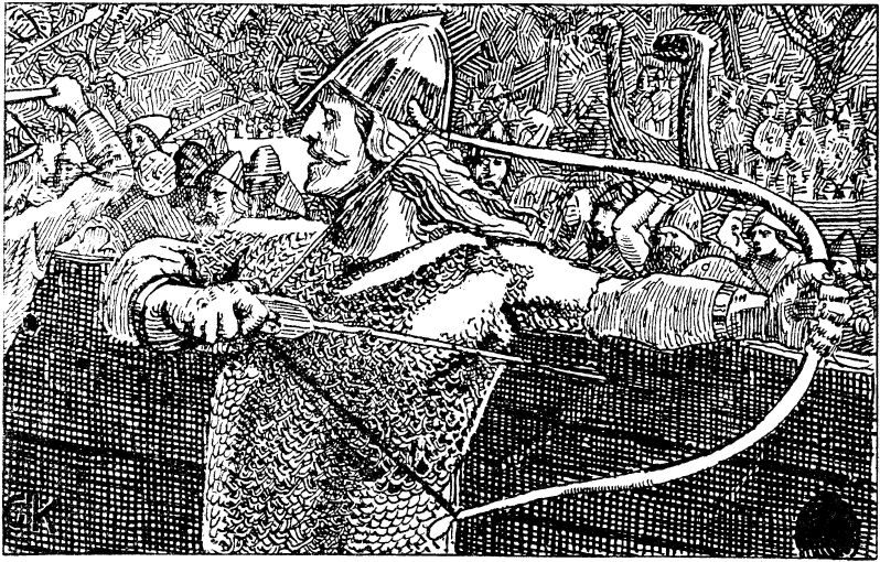 A pen drawing of a bearded man in mail drawing a long bow at a ship's rail, other warriors crowding behind him.