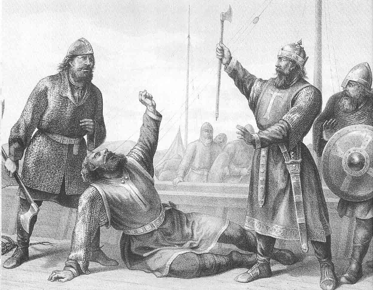 An engraving of an old warrior in mail falling to the ground as a man raises an axe over him, other armed men standing around.