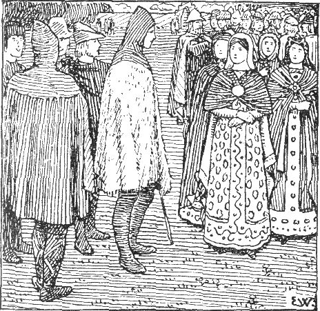 A pen drawing of a young woman in a patterned gown facing a tall man in a hooded cloak, with a crowd of onlookers behind them.