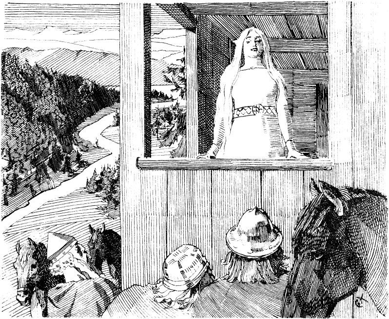 A pen drawing of a young woman with long fair hair standing at an open window of a timber house, speaking down to helmeted riders below.