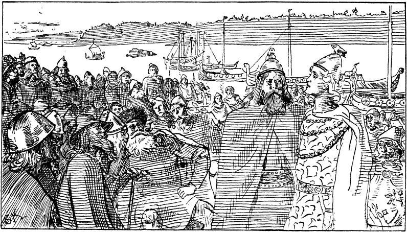 A pen drawing of a crowded open-air assembly, a richly dressed young king speaking to bearded farmers with ships in the bay behind.