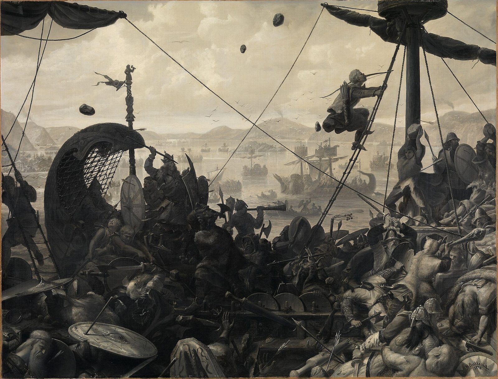 A grey monochrome painting of a sea battle seen from the deck of a longship: warriors fight hand to hand, stones fly through the air, and a man climbs the rigging with a knife in his teeth.