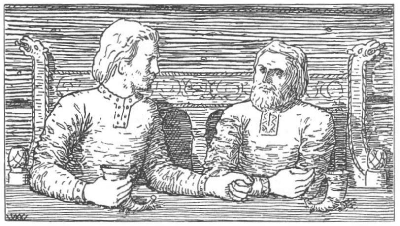 A pen drawing of two men seated side by side on a carved bench, drinking and talking.