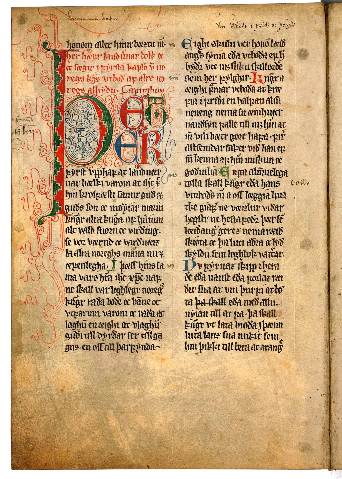 A manuscript page in two columns of dark Gothic script, with a large red and green initial.