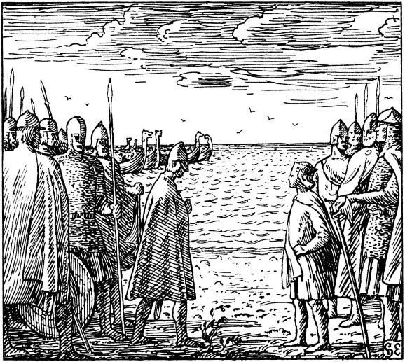 A pen drawing of two groups of armed men meeting on a shore, ships drawn up on the water behind them.