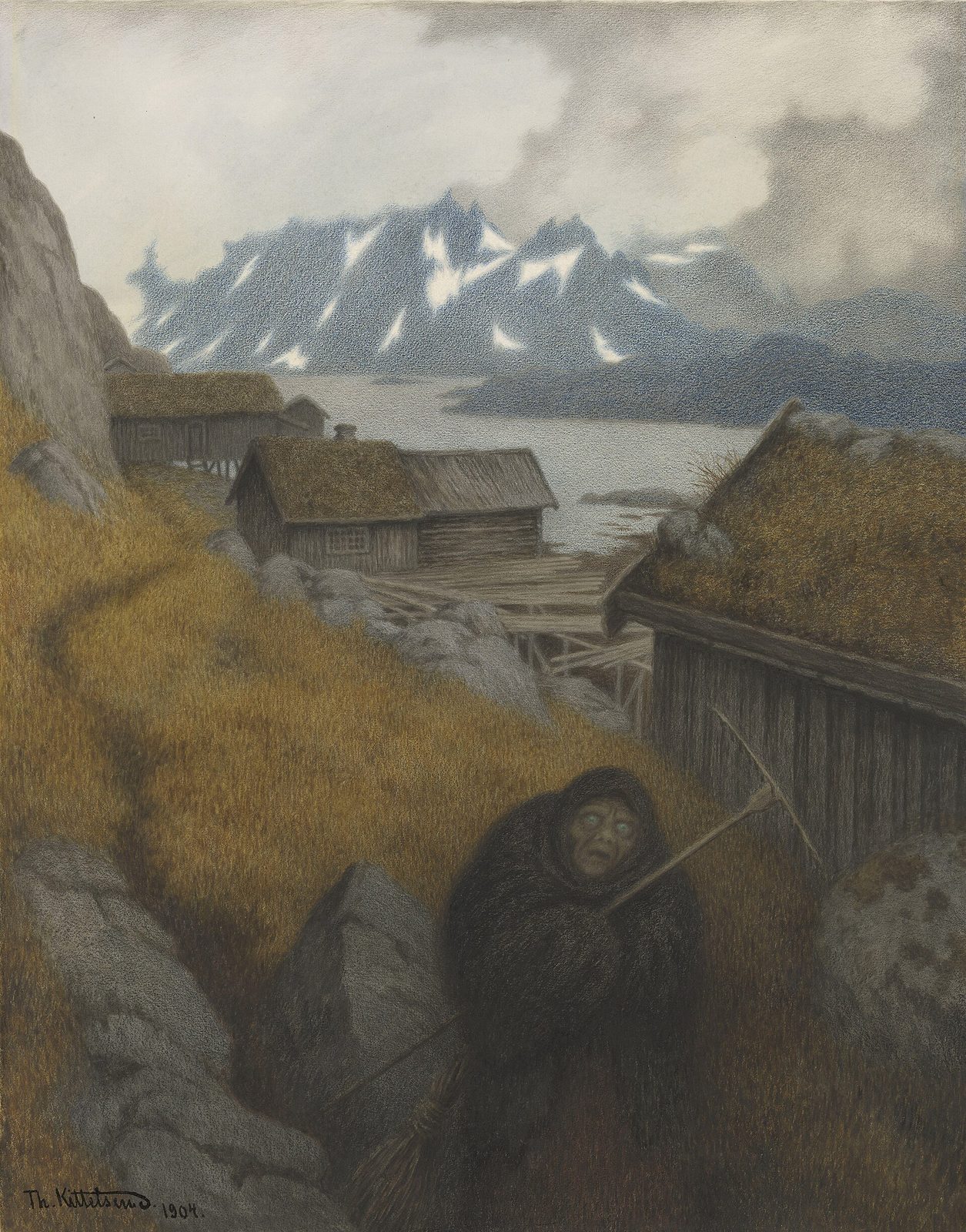 A painting of a cloaked old woman with a rake walking past turf-roofed farmhouses above a fjord, snowy mountains behind.