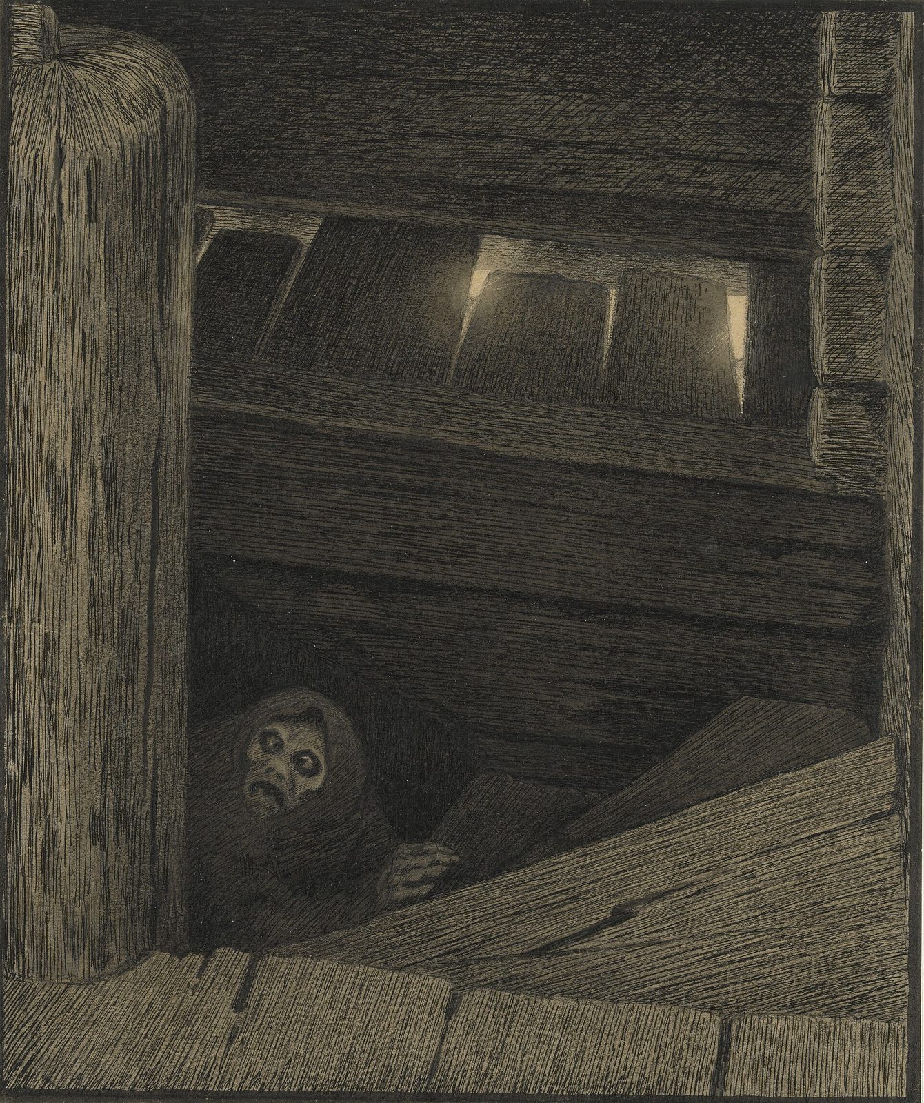 A dark drawing of the wooden stairs of a farmhouse, an old woman with a gaunt face climbing them in the gloom.