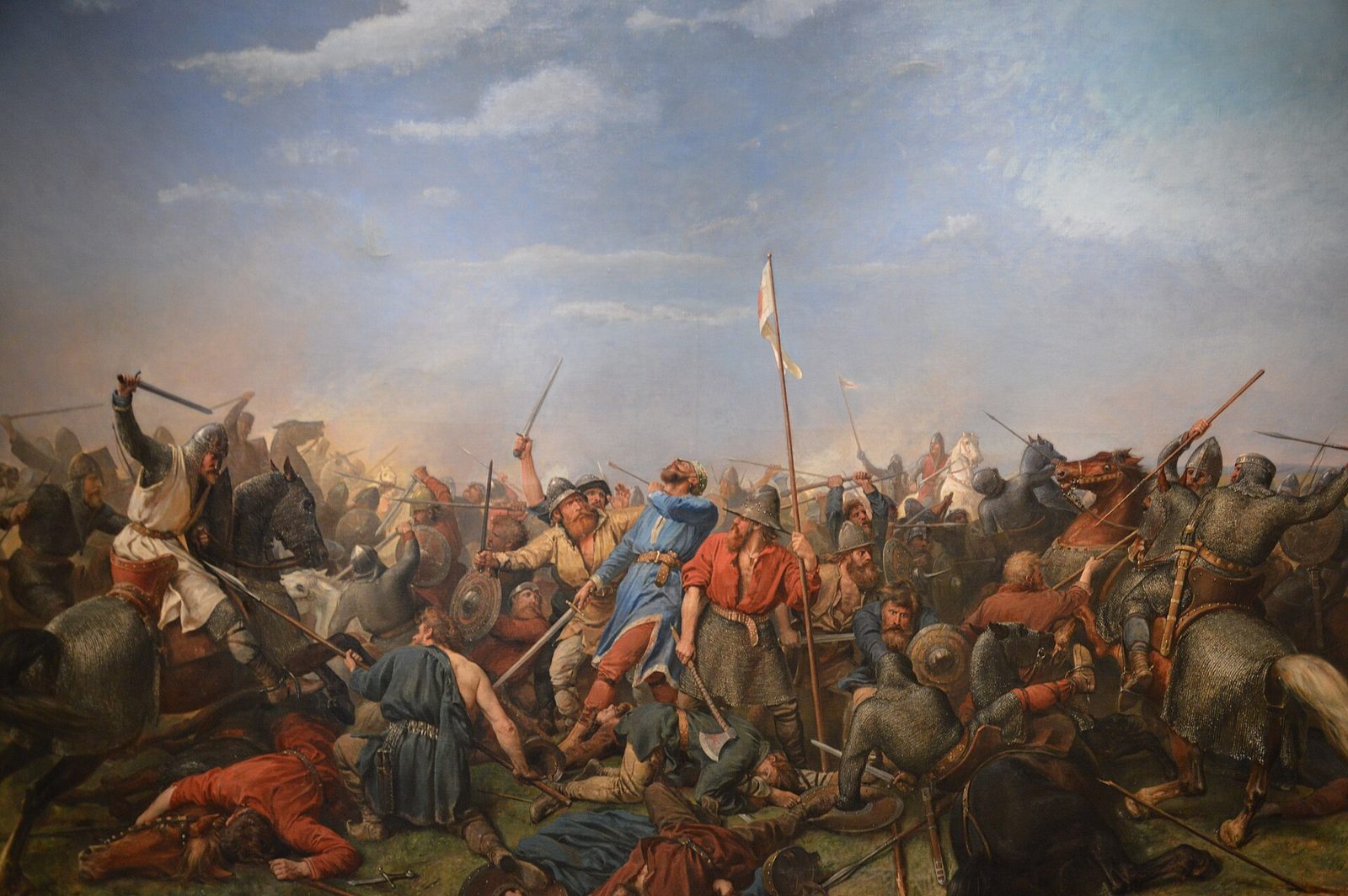 A painting of a crowded battle with spears and banners, horsemen pressing into a mass of fighting men on foot.