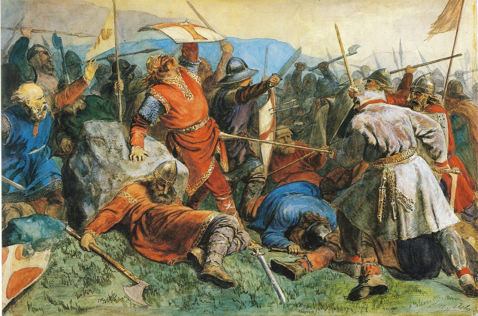 A painting of a battle in a meadow: a wounded king in a red tunic sinks against a rock while warriors with axes and spears press in.