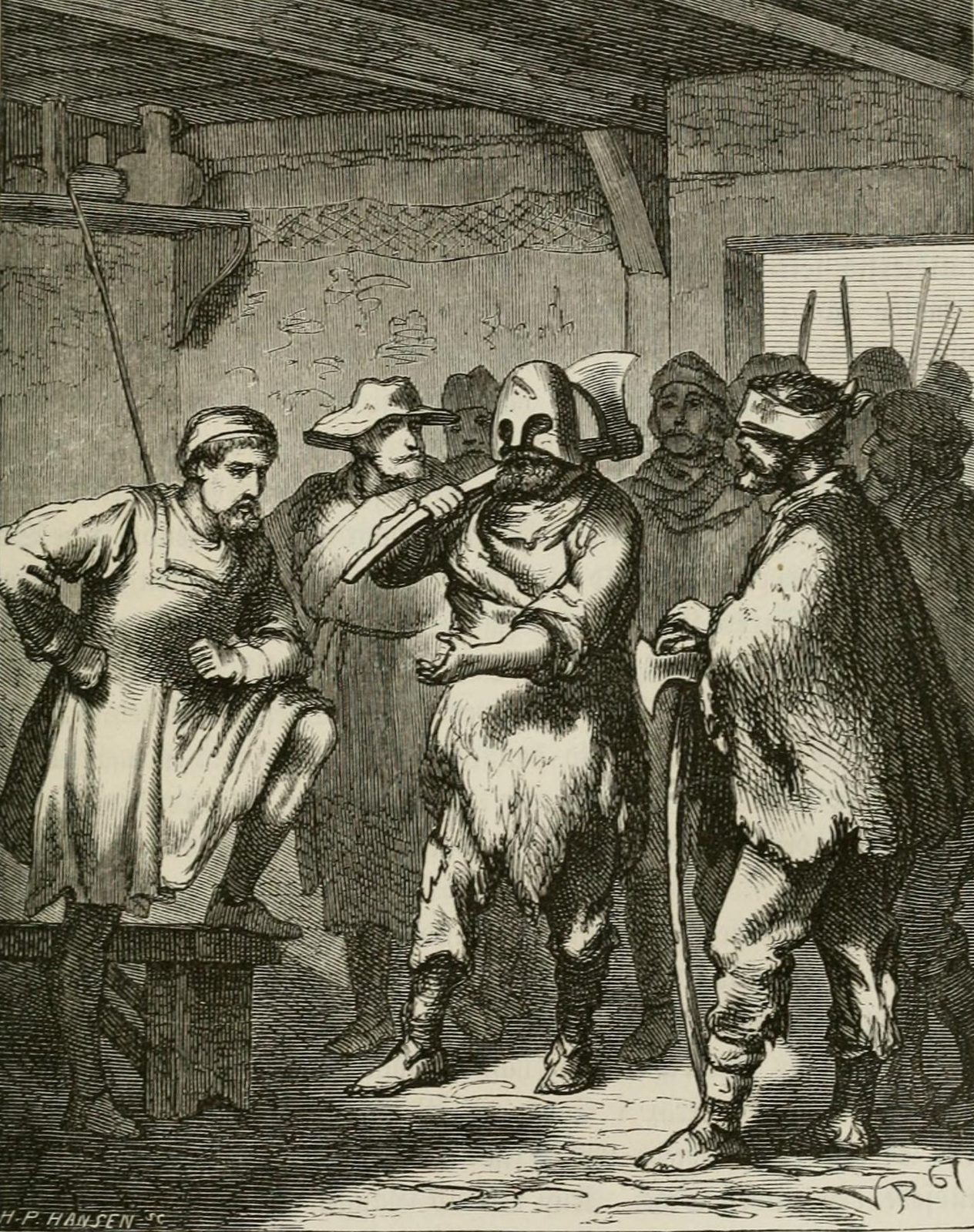 An engraving of rough-looking men in a dim room gathered around a helmeted man and a cleric in a long coat.