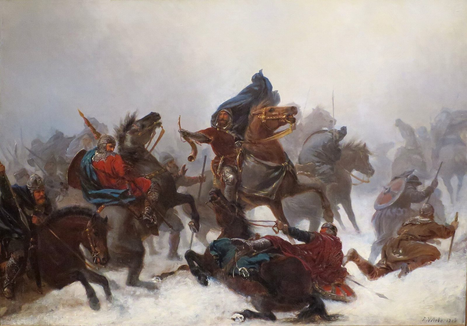 A painting of horsemen riding hard through a snowstorm, a rider in red at the centre and a fallen horse in the foreground.