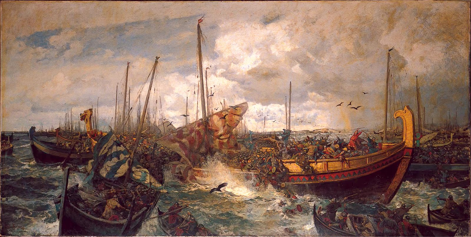 A painting of a sea battle among crowded longships under a cloudy sky, a large dragon-prowed ship at the centre surrounded by smaller vessels.