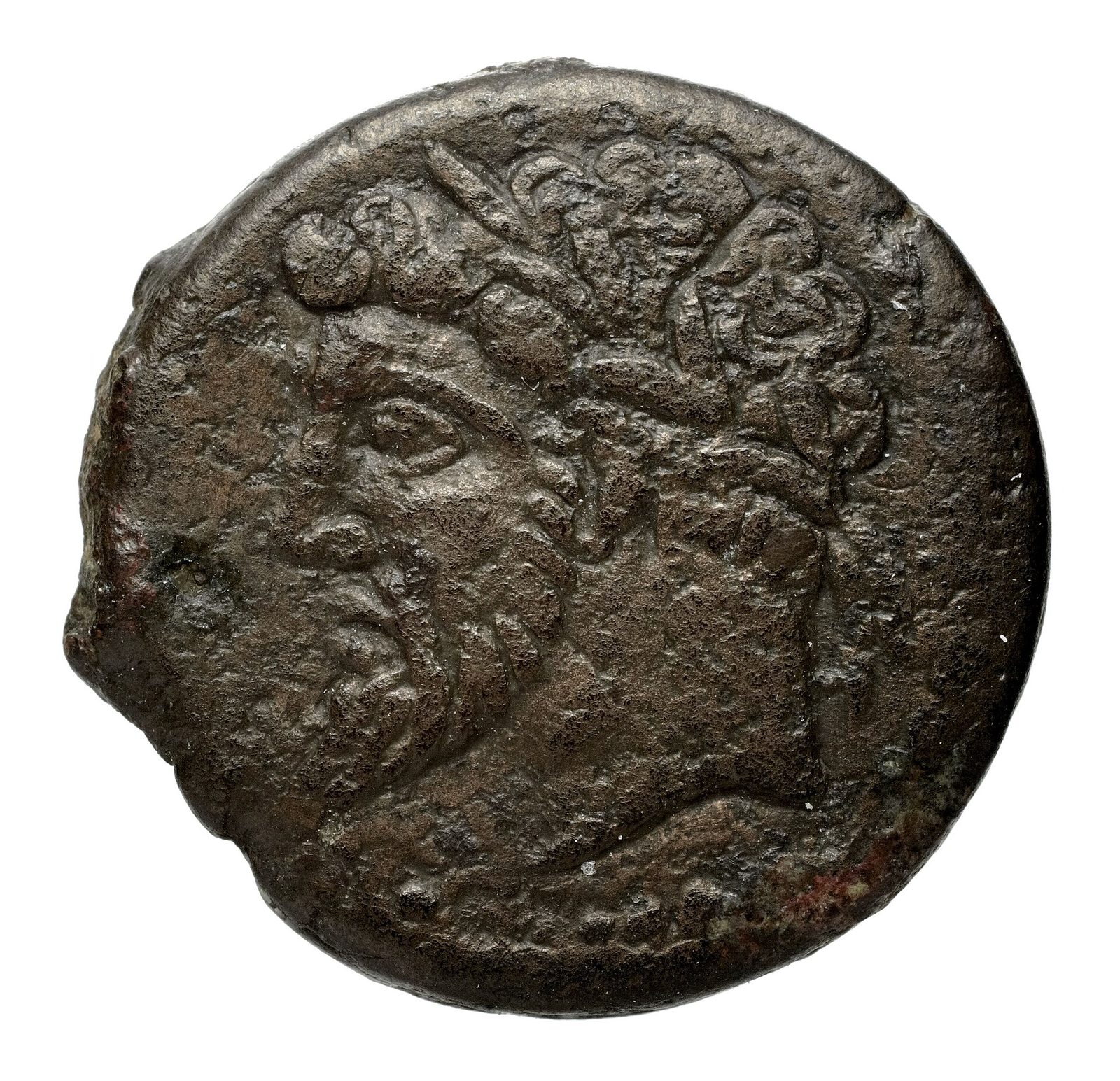 A large worn bronze coin with a bearded, laureate head in profile.
