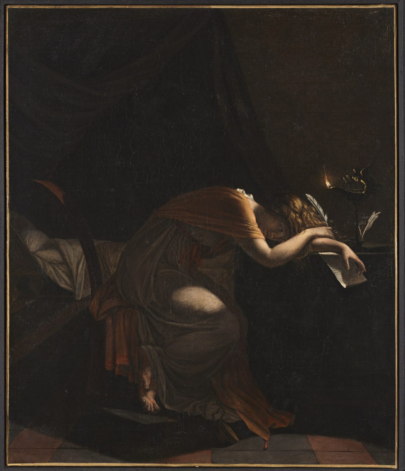 A dark painting of a woman slumped forward on a couch beside a cup, a letter in her hand.