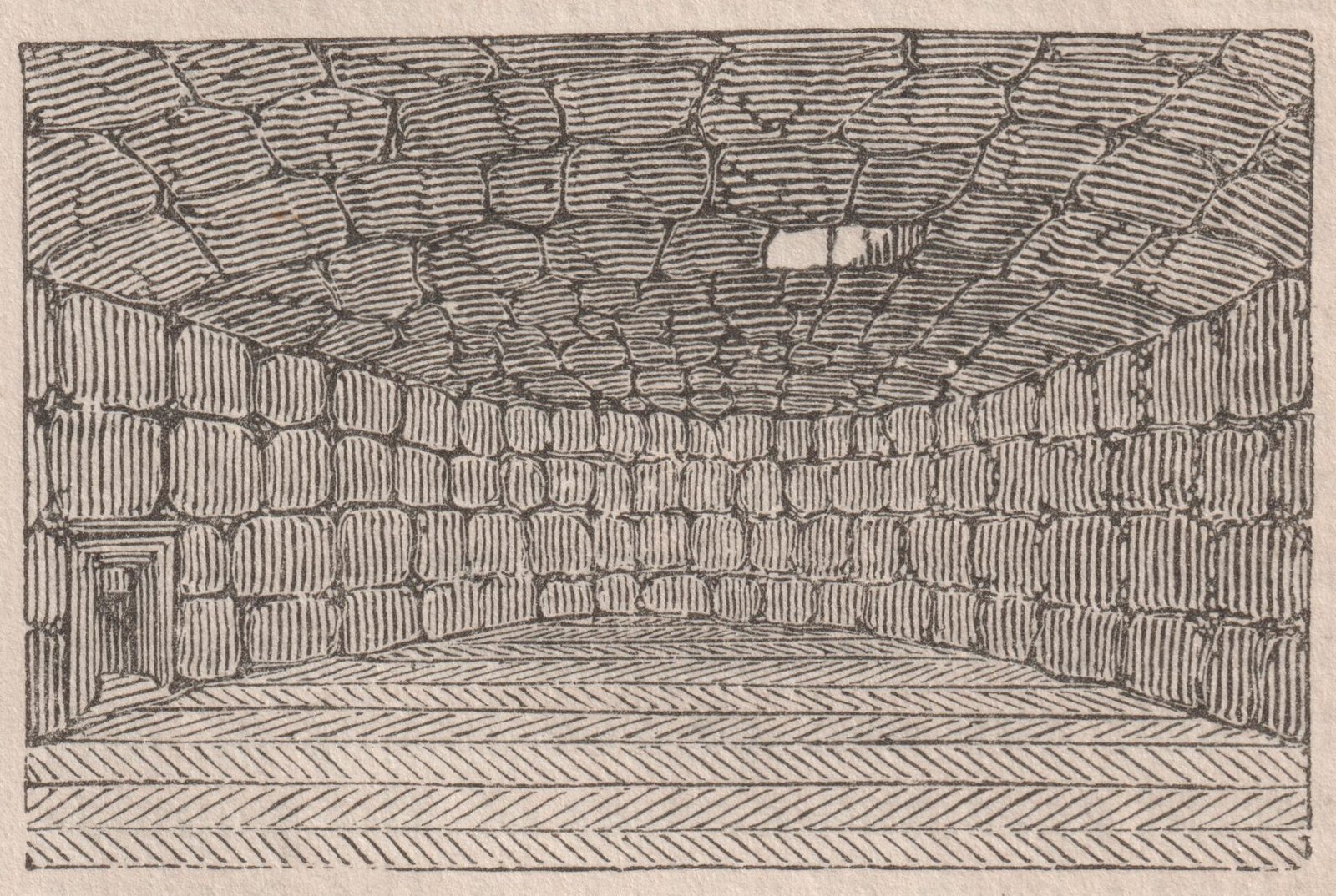 A line engraving of a low vaulted stone chamber with a hole in the centre of the ceiling.