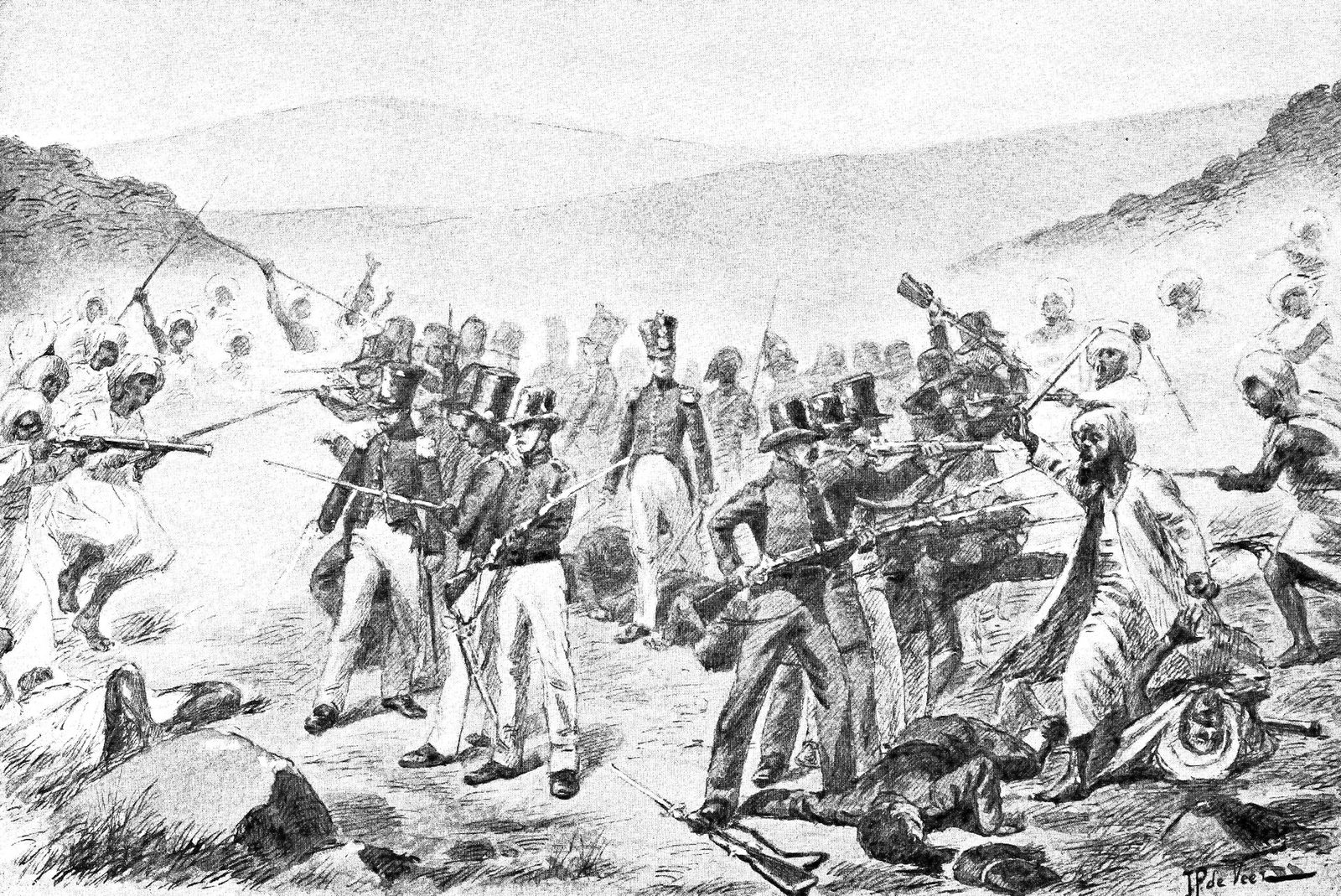 A lithograph of close fighting on broken ground: soldiers in tall shakos and white trousers firing and lunging with bayonets against men in turbans and loose robes armed with spears and swords, dead and wounded strewn in the foreground.