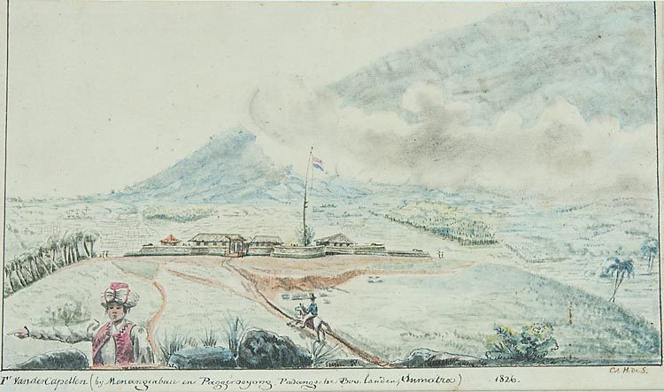 A tinted drawing of a wide valley: a low walled post with a flagstaff and a few long buildings on open ground, a large volcano filling the sky behind, and in the foreground a seated European figure and a man working the ground.