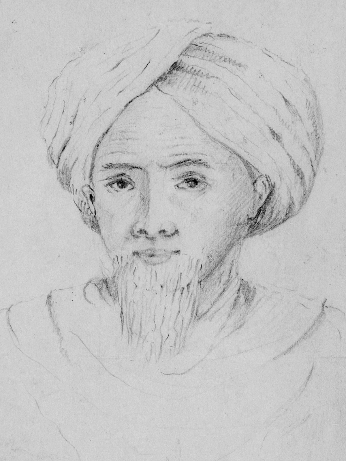 A pencil drawing of a man's head and shoulders: a wound turban, a thin beard along the jaw, and the shoulders only lightly sketched in against bare paper.