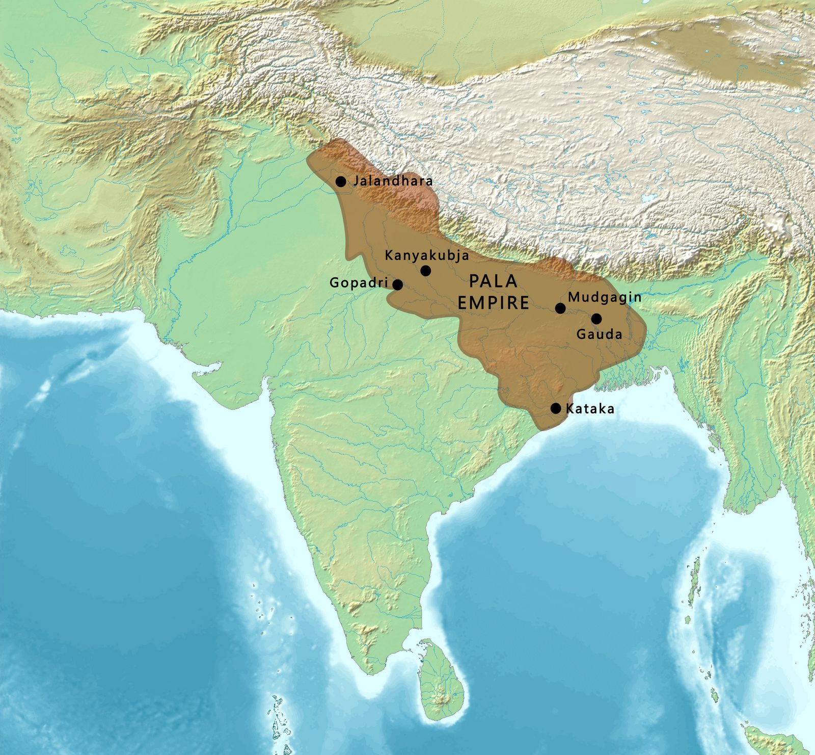 A relief map shading a territory from Bengal up the Ganges plain to Jalandhara in the Punjab.