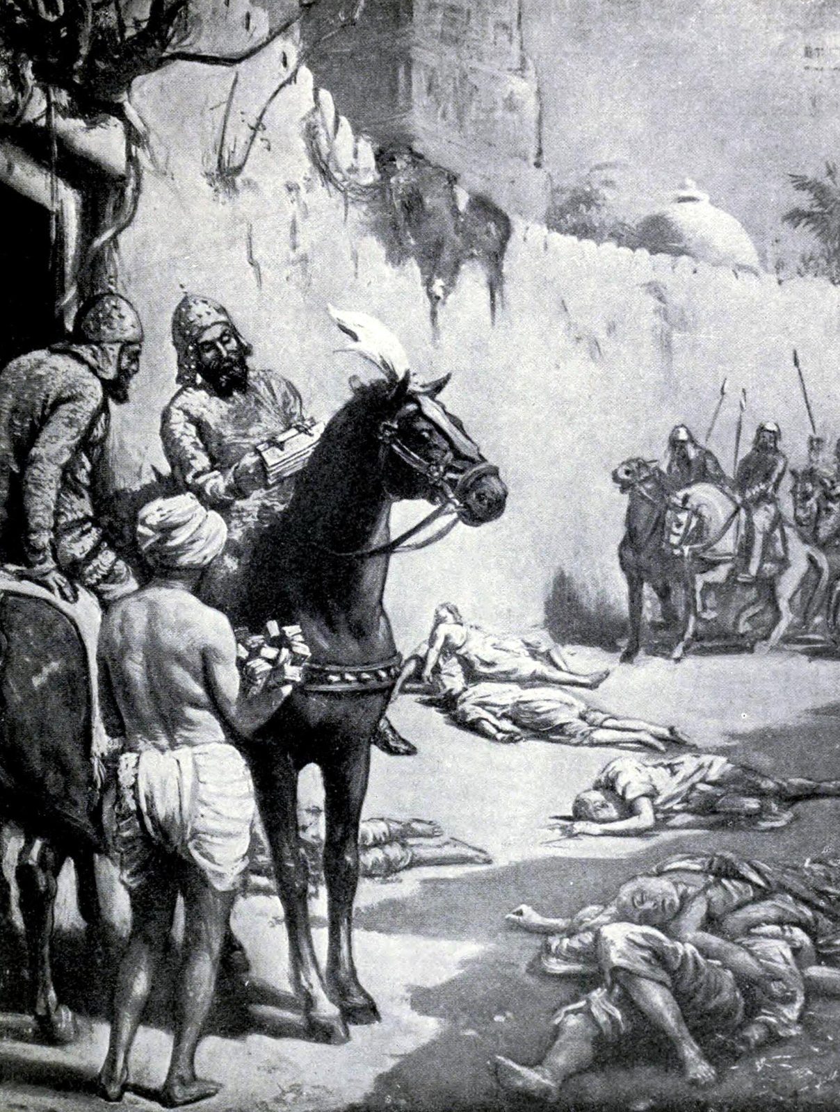 An illustration of a mounted Turkish commander among soldiers and the bodies of slain monks.