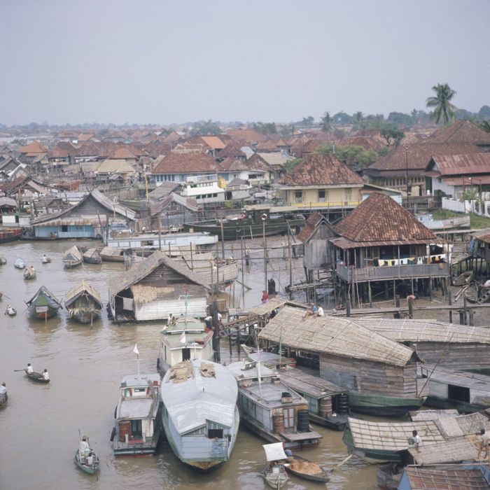 Looking down over a riverside town: tiled roofs and timber houses packed along the bank, a line of raft houses and moored boats on the water in front of them, and the broad river running away beyond.