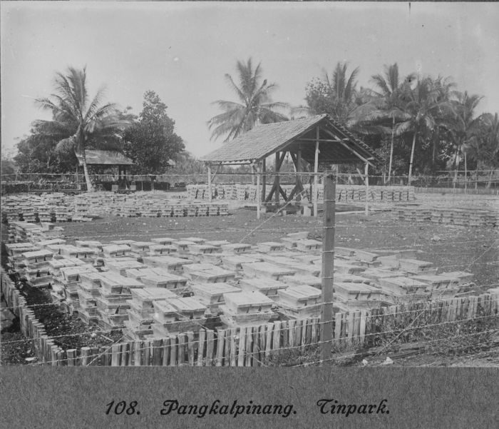A yard filled with ranks of small cast metal ingots stacked in rows on the ground, an open-sided shed with a thatched roof behind them and palms beyond; a printed caption at the foot reads Pangkalpinang, Tinpark.