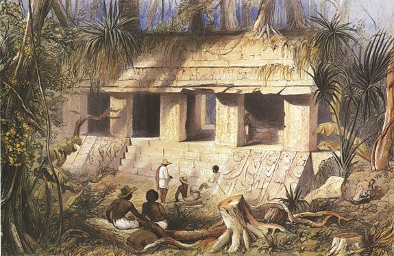 A coloured lithograph of a ruined palace overgrown with palms and vines, explorers resting in the foreground.