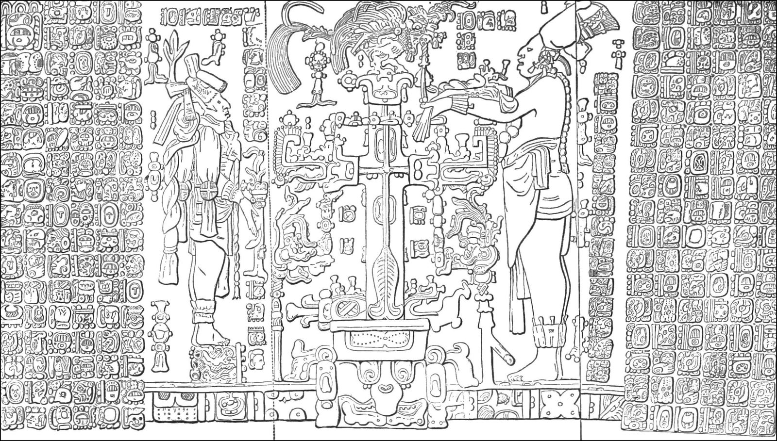 A line drawing of a carved panel: two standing figures flank a cross- shaped tree, with columns of glyphs on both sides.