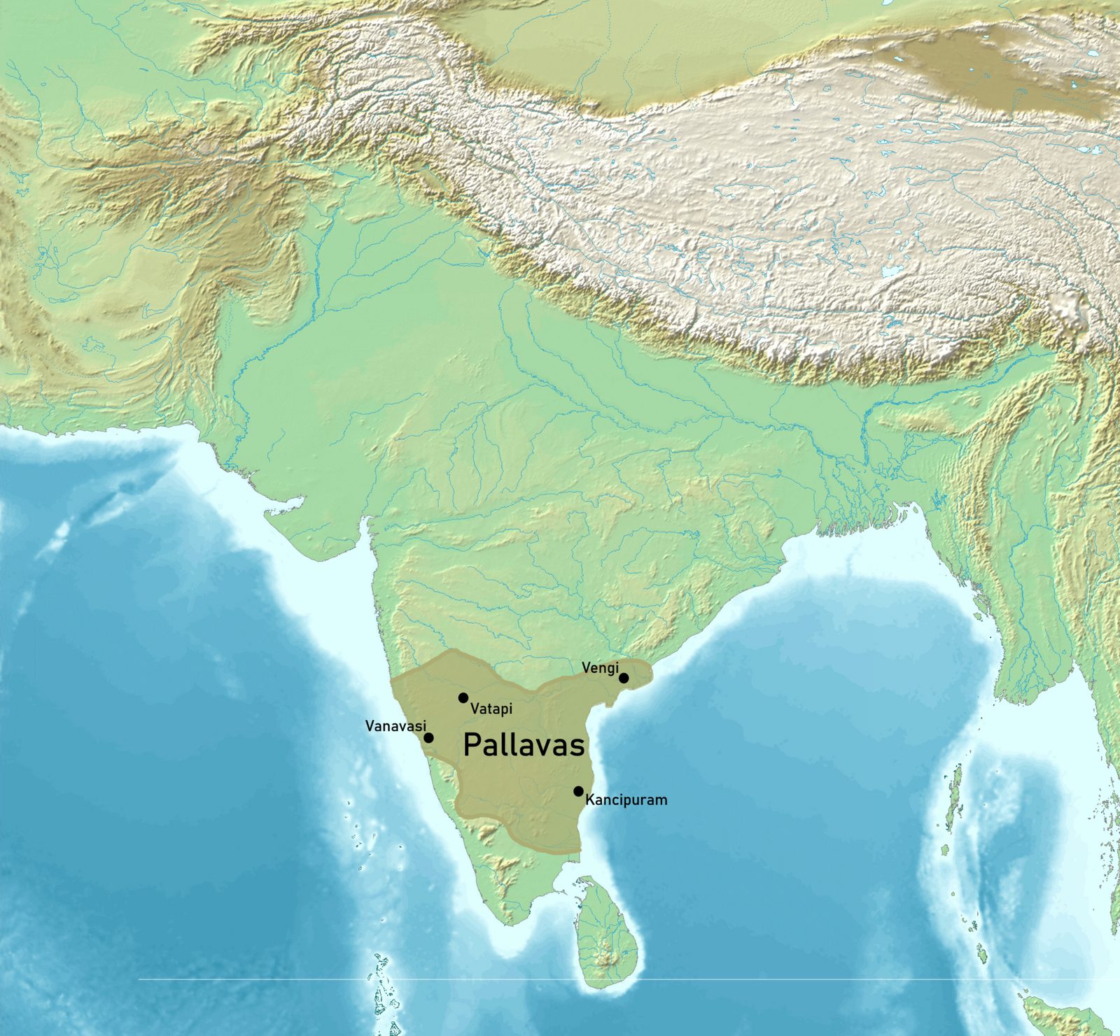 A relief map shading the south-eastern Deccan around Kanchipuram, with Vatapi and Vengi marked.