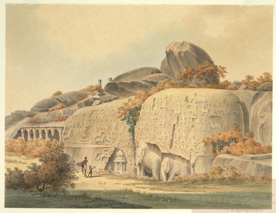 A watercolour of a great carved rock face beside boulders and trees.