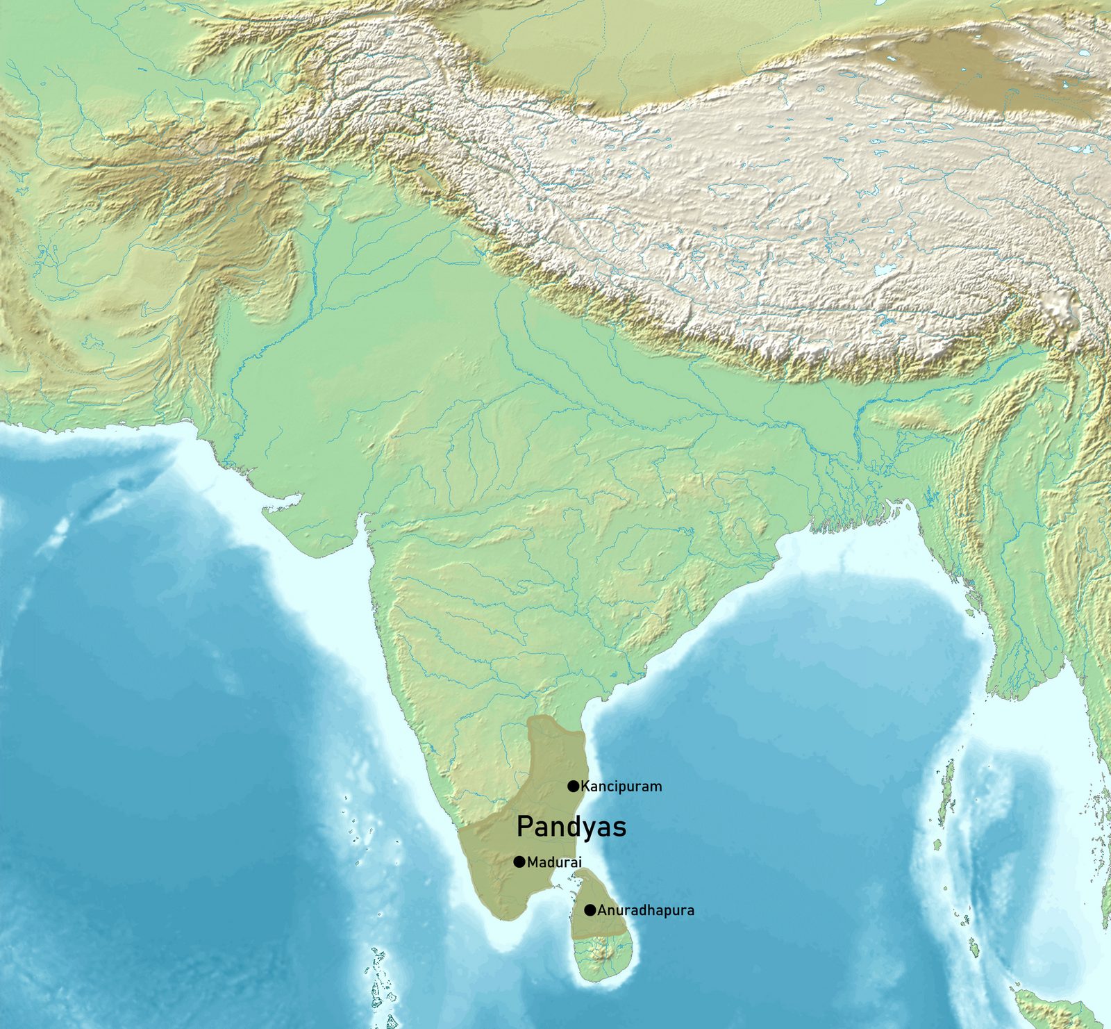A relief map with a small territory shaded at the southern tip of the peninsula.