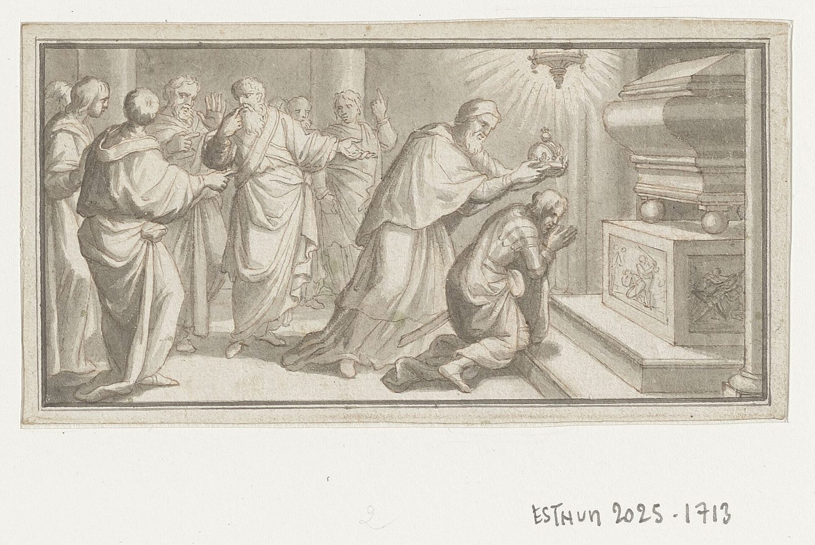 A painting of a kneeling king being crowned by a pope at an altar, with clergy and armed men filling the church behind them.