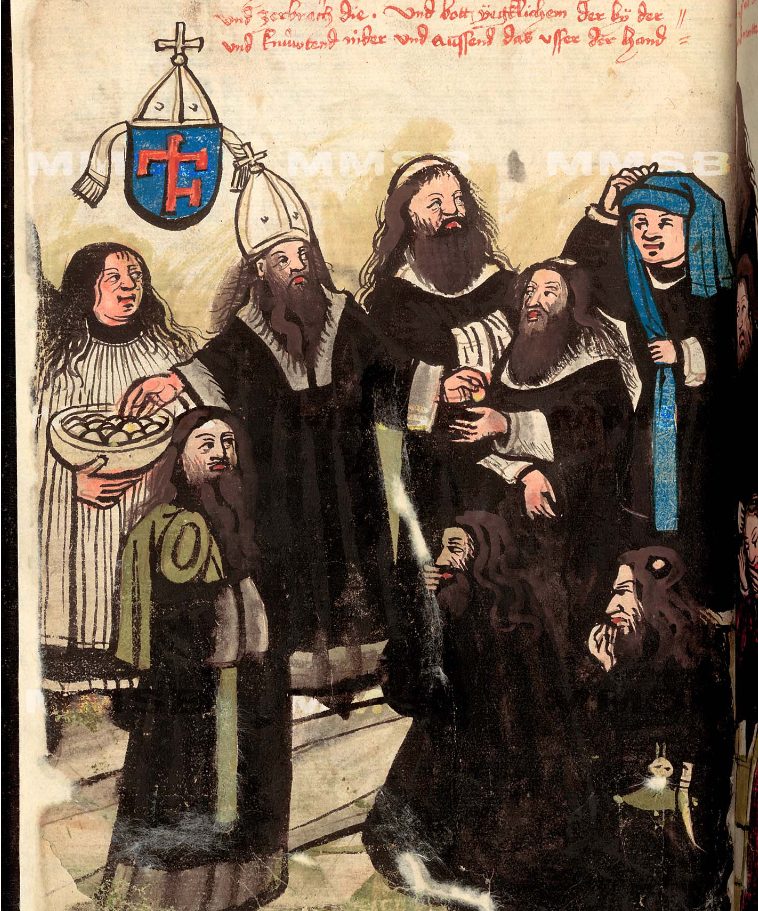 A coloured drawing of a group of bearded clerics in dark robes and tall hats standing together, a painted shield hung above them and a line of handwritten caption across the top.