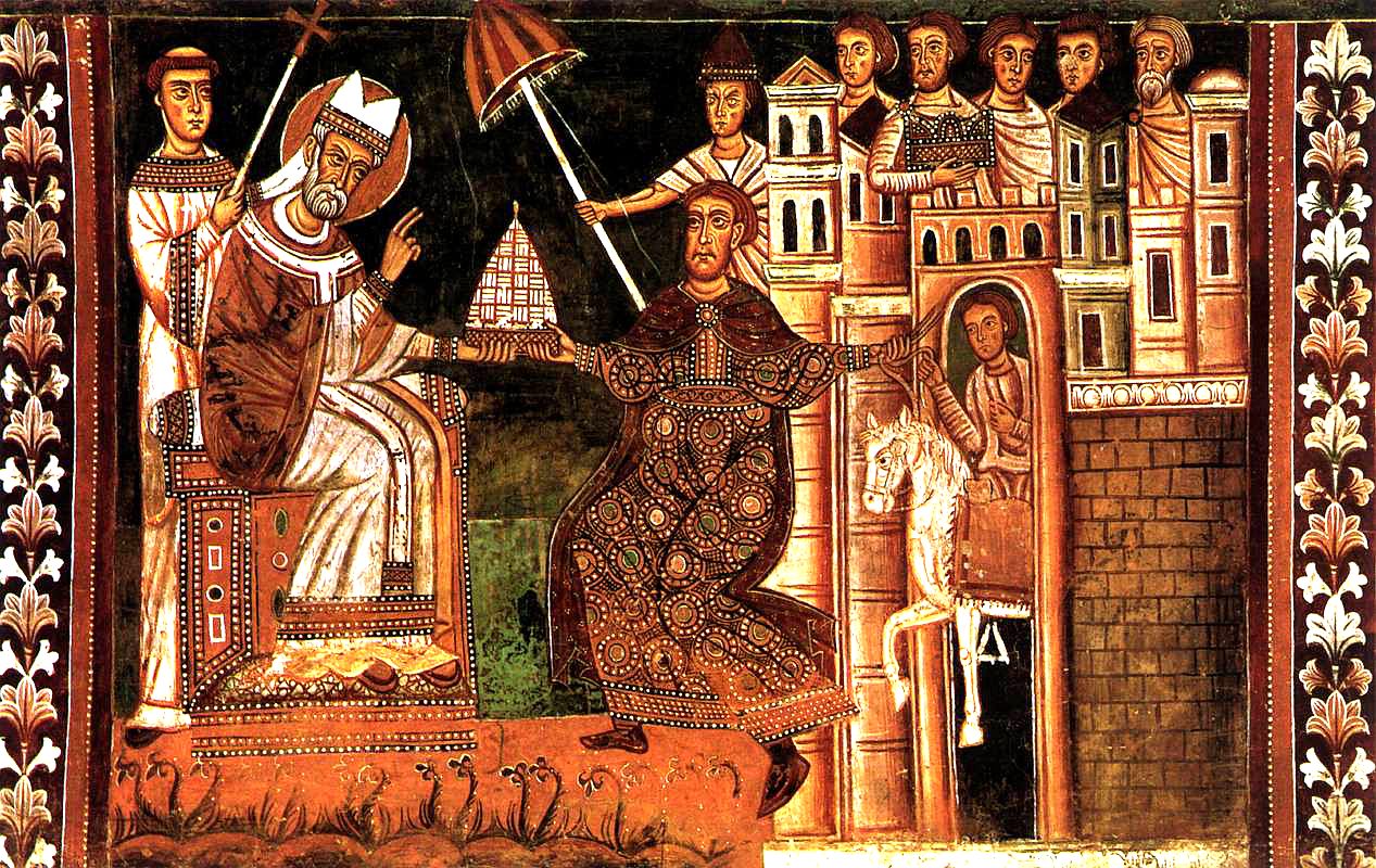 A fresco of an emperor kneeling before a seated pope and handing him a conical white crown, with attendants in robes behind both and a painted architectural frame around the scene.