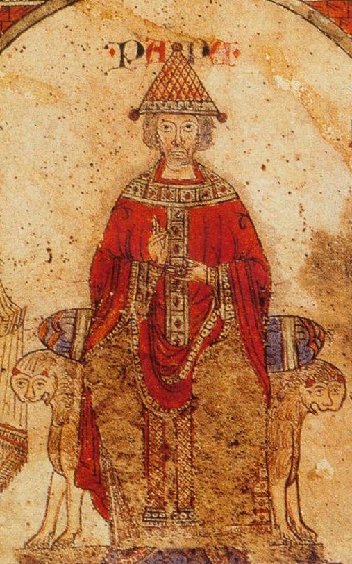 A drawing on parchment of a pope enthroned in a tall conical tiara and a red mantle, holding a staff, with the word PAPA lettered above his head.