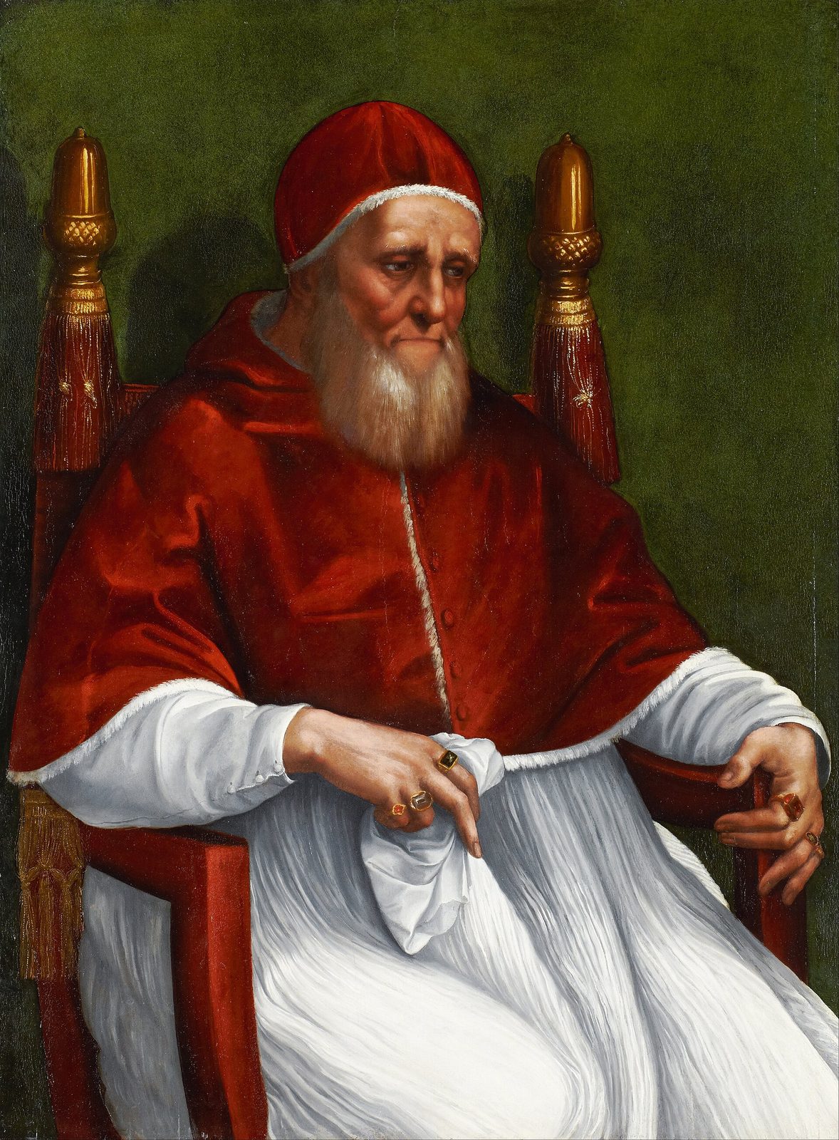 An oil portrait of an old bearded man in a red cap and cape seated in a chair with gold acorn finials, his hands resting on the arms, one holding a handkerchief.
