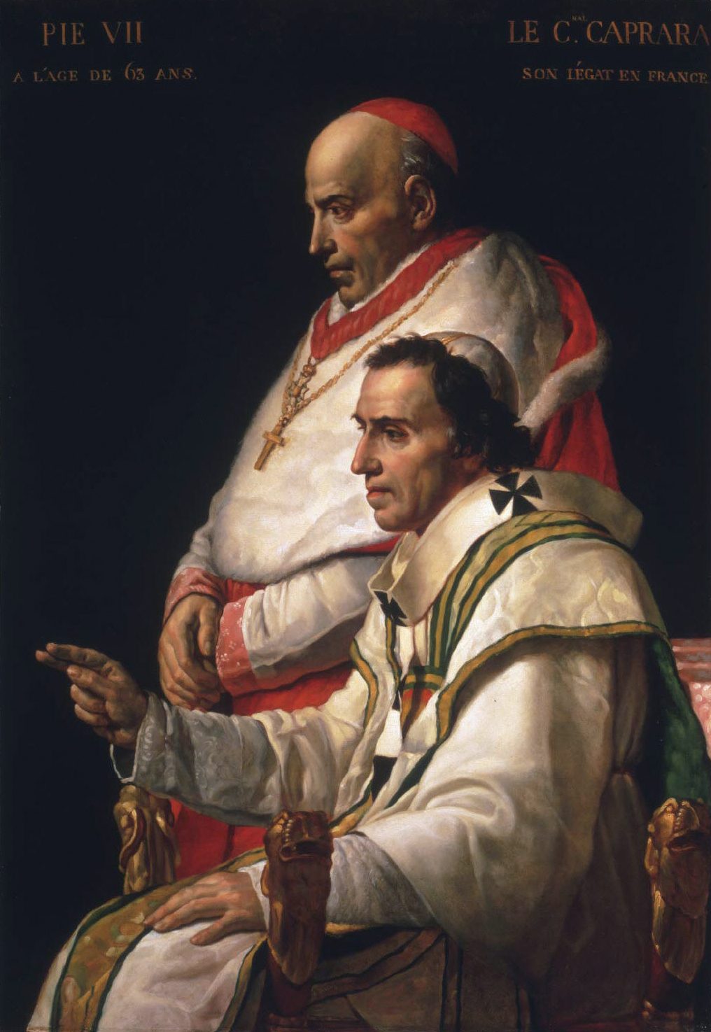 A painted double portrait of a seated pope in white with a red cape beside a cardinal in scarlet, both turned towards the viewer against a dark ground.