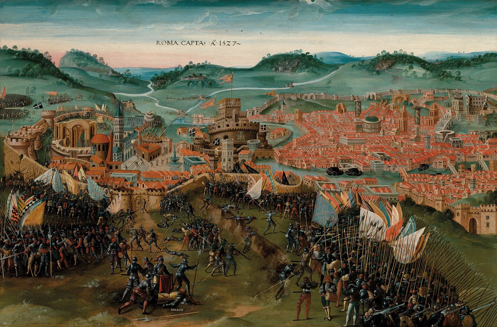 A painting of troops storming a walled city, ladders against the ramparts, smoke and banners, with bodies and plunder in the foreground.