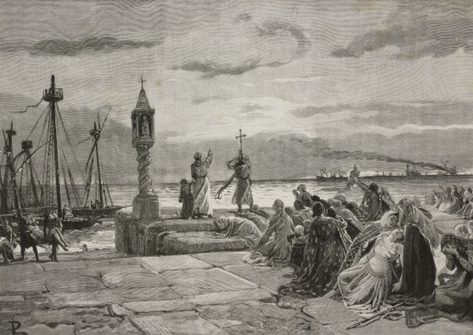 A painting of galleys locked together in a sea fight, oars tangled and men boarding across the gunwales under a smoke-filled sky.