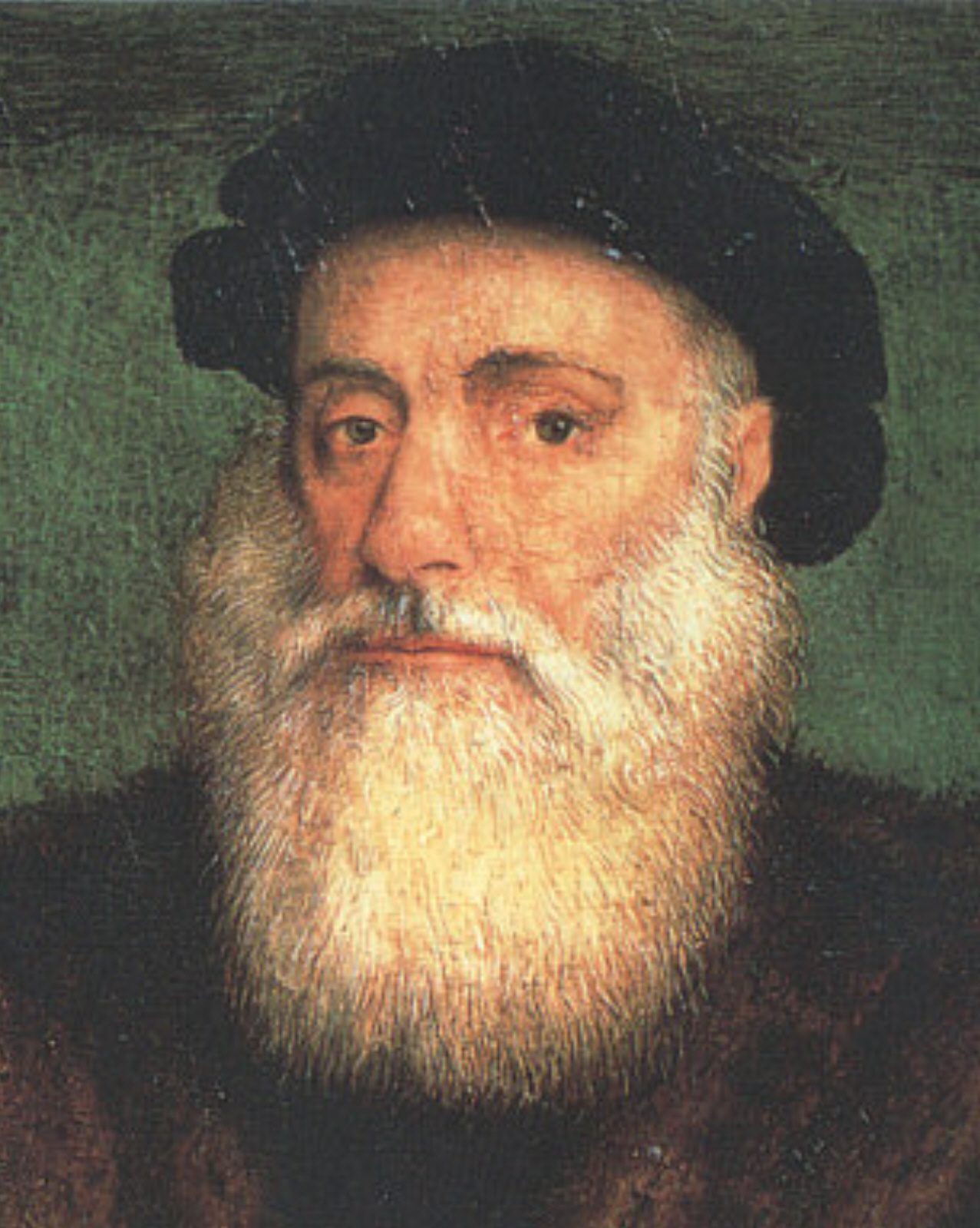 A painted head-and-shoulders portrait of a white-bearded man in a black cap and dark coat.