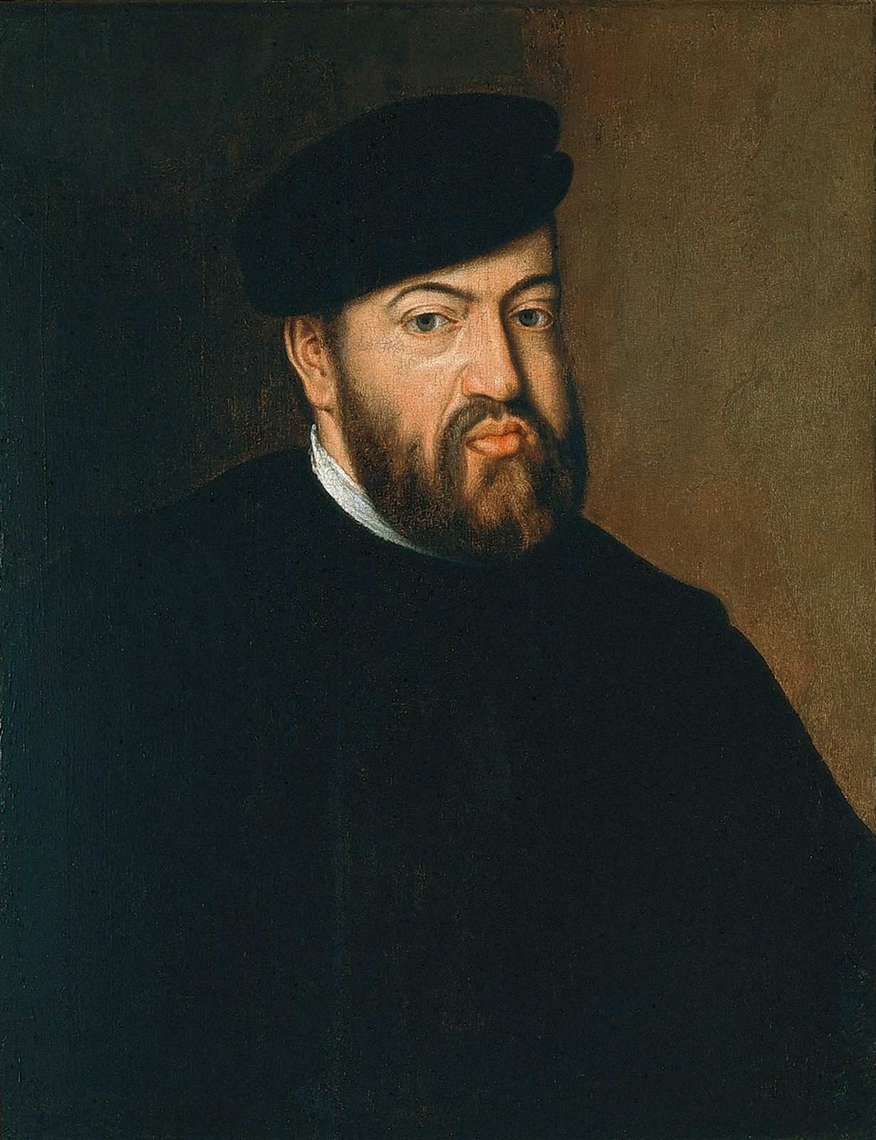 A painted portrait of a bearded man in a black cap and dark clothes against a brown ground.