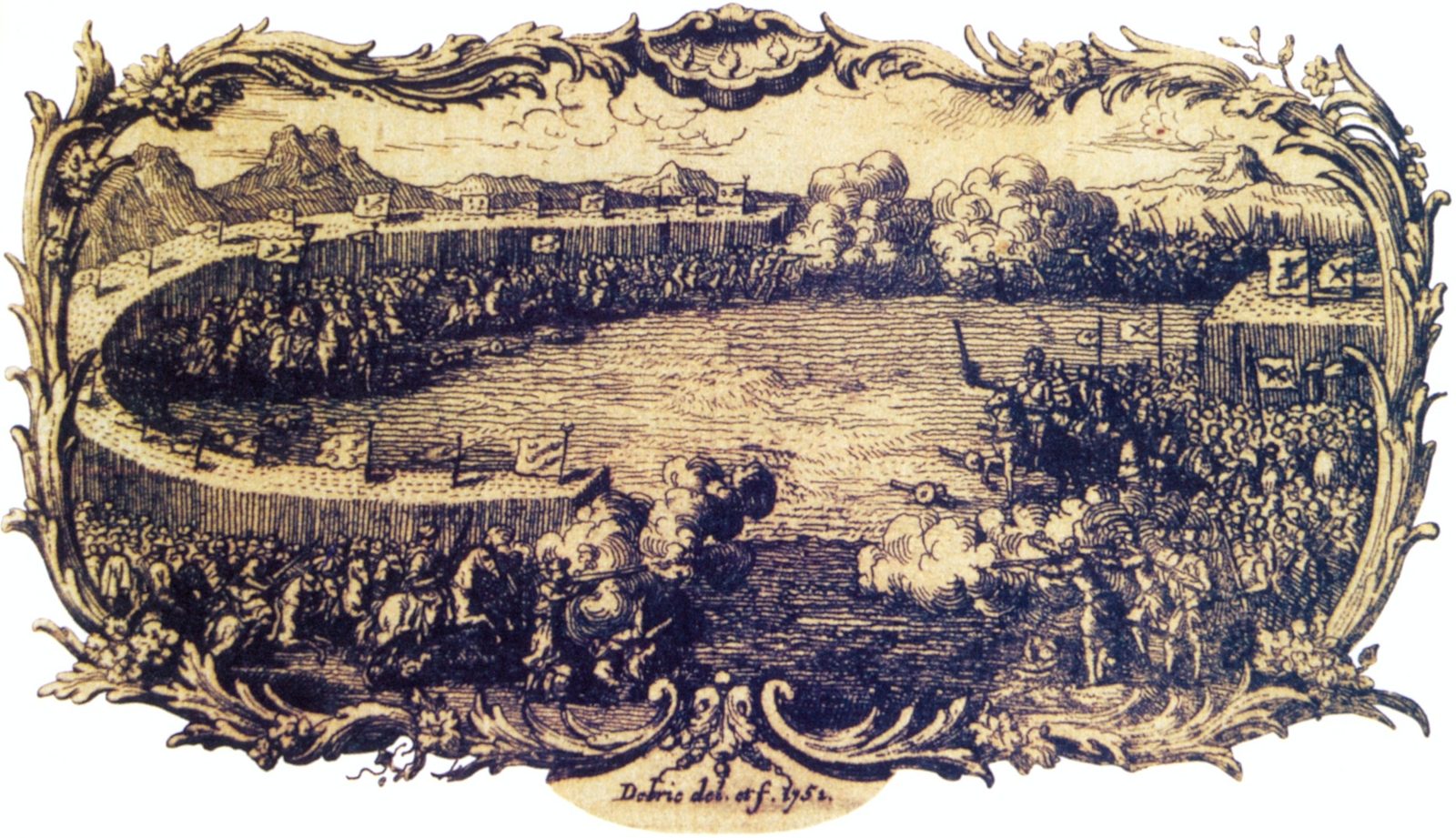 An engraving in an ornate scrolled frame of two armies clashing across an open plain.